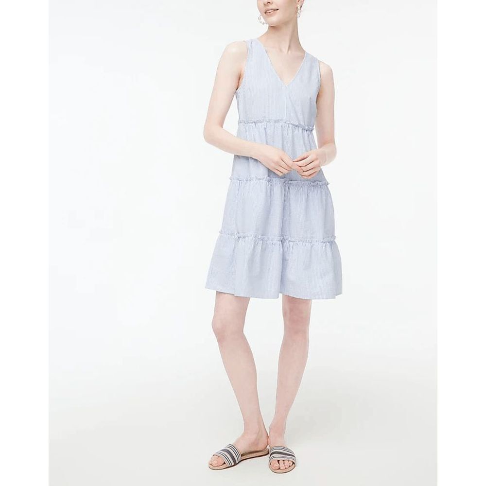 J. Crew Factory Seersucker ruffle mini dress Blue White Size 6 NWT - Picture 1 of 10